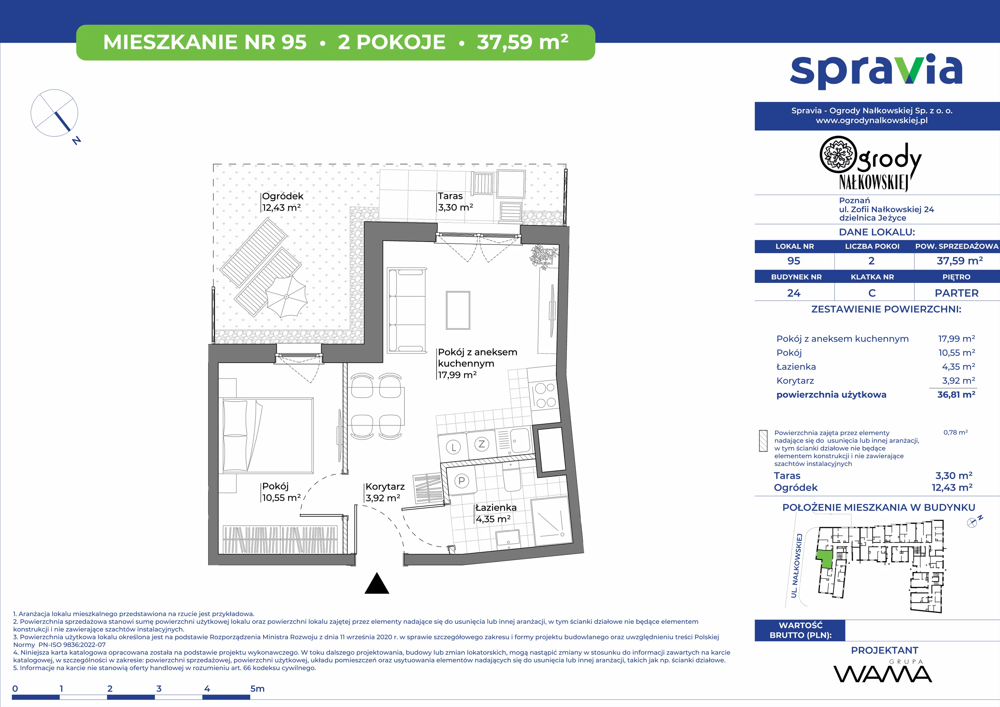 2 pokoje, mieszkanie 37,59 m², parter, oferta nr 24-95, Ogrody Nałkowskiej, Poznań, Ogrody, ul. Nałkowskiej 24, 26